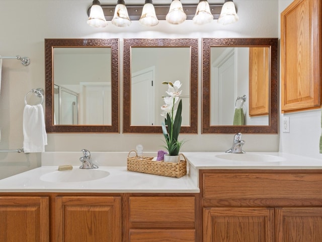 bathroom featuring vanity and an enclosed shower