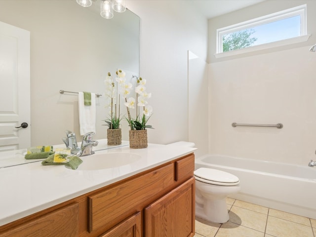 full bathroom with tile patterned flooring, toilet,  shower combination, and vanity