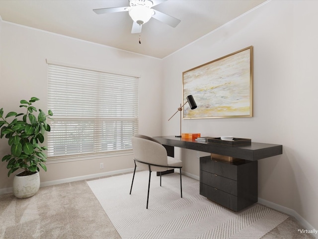 carpeted office with ceiling fan and ornamental molding