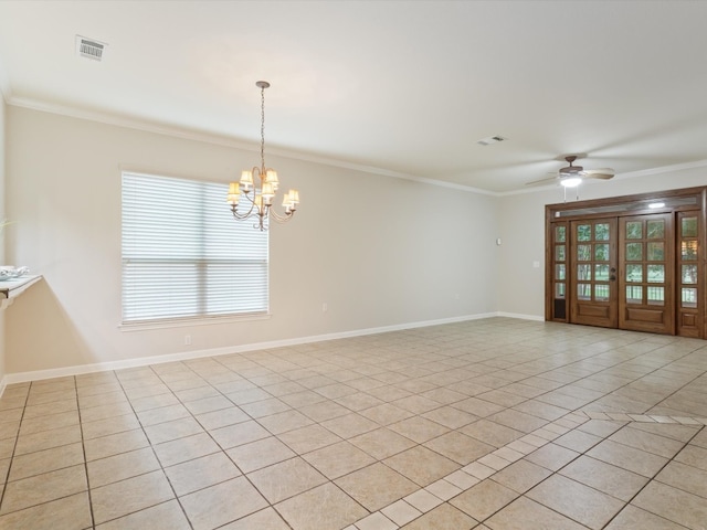 spare room featuring ceiling fan with notable chandelier, ornamental molding, and light tile patterned flooring