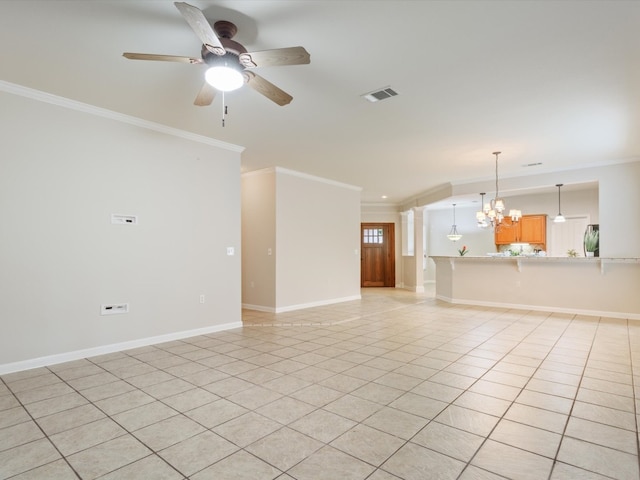 unfurnished living room featuring ceiling fan with notable chandelier, crown molding, and light tile patterned floors