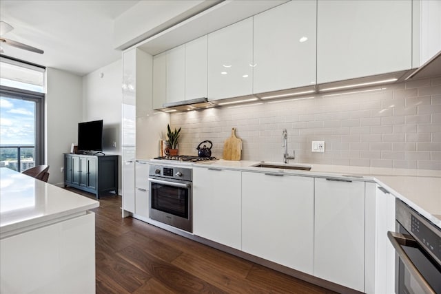 kitchen featuring stainless steel appliances, white cabinetry, sink, dark wood-type flooring, and tasteful backsplash