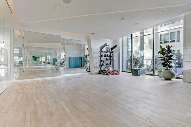 exercise room with hardwood / wood-style floors and expansive windows