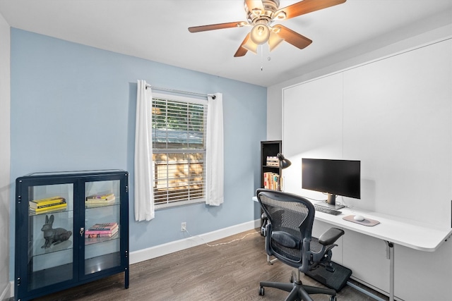 office space featuring dark wood-type flooring and ceiling fan