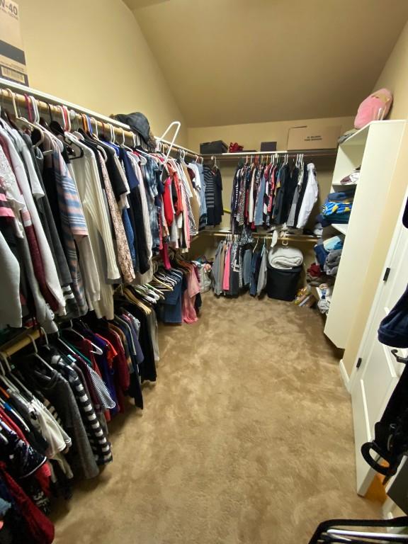 spacious closet with carpet and lofted ceiling