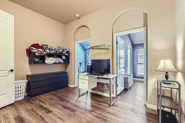206 Swenson Dr, Hutto, TX 78634 - office area featuring wood finished floors and baseboards