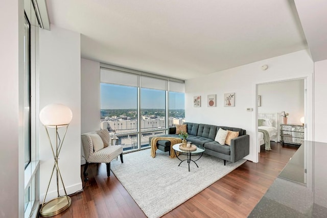 living room with baseboards, a wall of windows, and wood finished floors