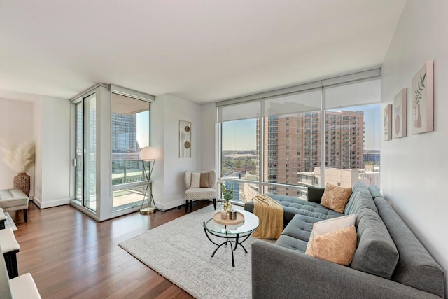 living room featuring a view of city, expansive windows, baseboards, and wood finished floors