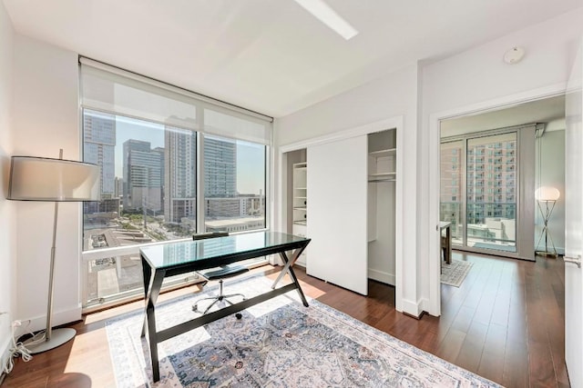 office featuring baseboards, a view of city, wood finished floors, and floor to ceiling windows