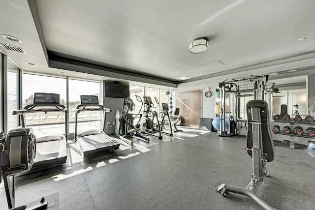 gym with expansive windows and visible vents