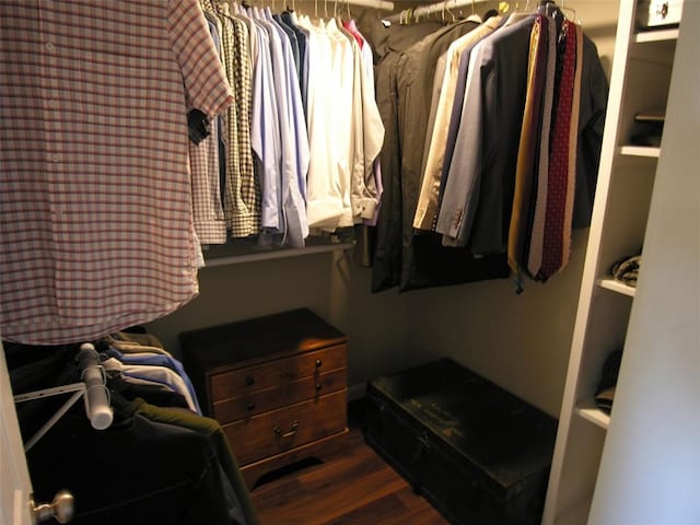 spacious closet with dark hardwood / wood-style flooring