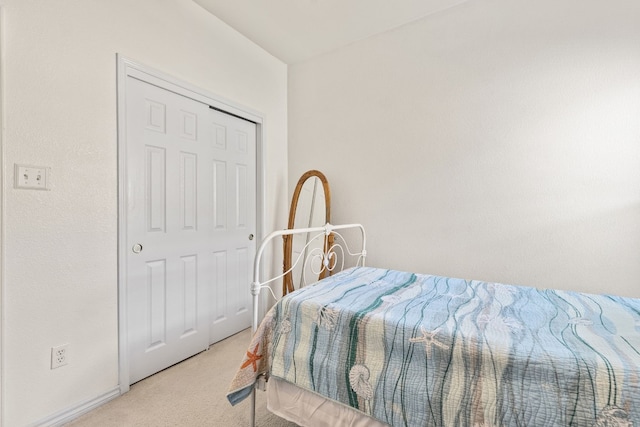 bedroom with a closet and light carpet