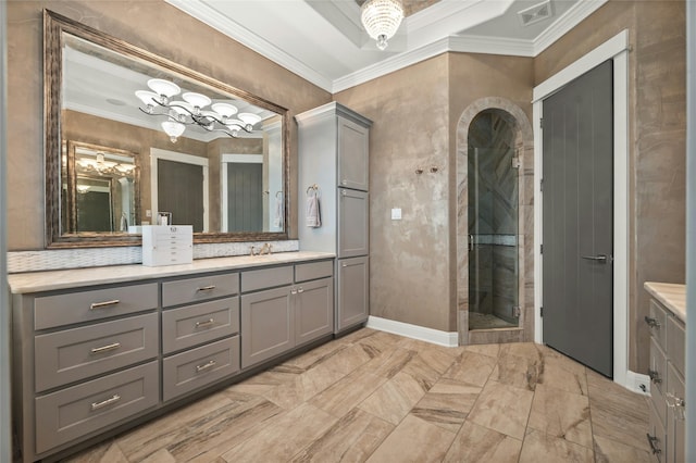 bathroom featuring crown molding, walk in shower, and vanity