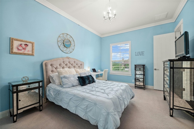 bedroom featuring crown molding, light carpet, and an inviting chandelier