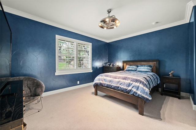 bedroom featuring ornamental molding and carpet flooring