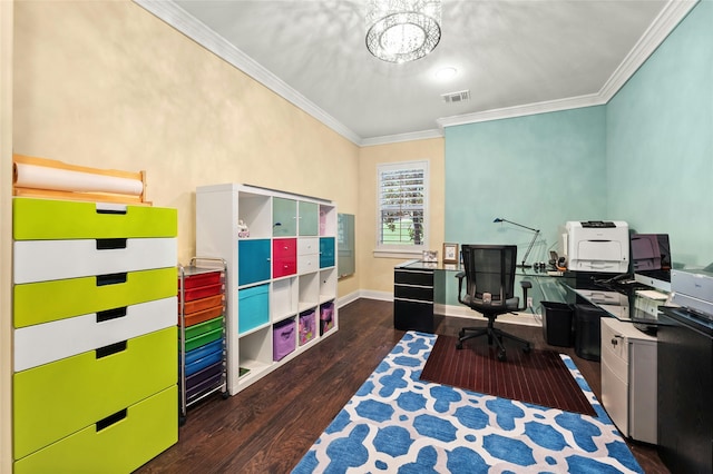 office with dark wood-type flooring and ornamental molding