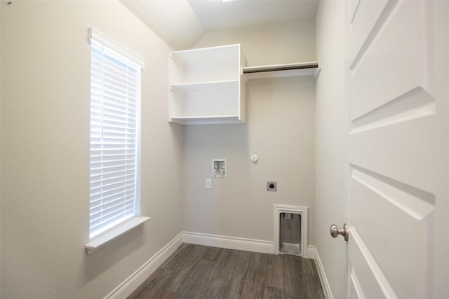 laundry room featuring dark hardwood / wood-style floors, washer hookup, hookup for an electric dryer, and gas dryer hookup