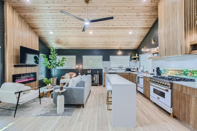 kitchen featuring light wood-style floors, a glass covered fireplace, high end range, and light countertops