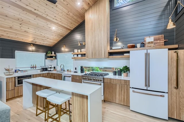 kitchen with light wood finished floors, open shelves, a sink, modern cabinets, and premium appliances