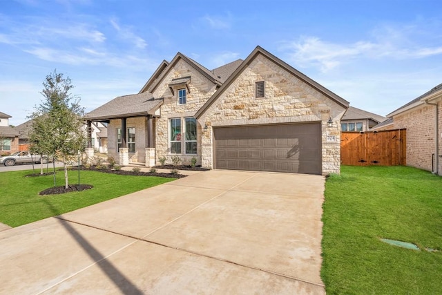 204 Camille St, Leander, TX 78641 - french country style house with stone siding, concrete driveway, and an attached garage