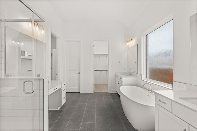 204 Camille St, Leander, TX 78641 - bathroom featuring two vanities, a shower stall, a freestanding bath, and a walk in closet