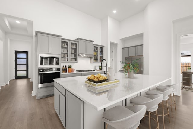 kitchen with stainless steel appliances, hardwood / wood-style flooring, a large island, and gray cabinets