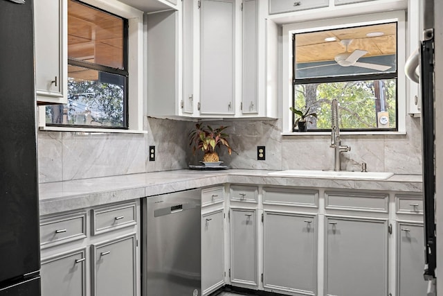 kitchen featuring dishwasher, backsplash, sink, and white cabinets