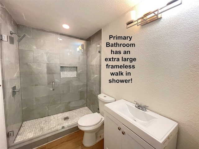 bathroom featuring toilet, vanity, a textured ceiling, and walk in shower