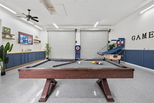 game room featuring pool table and ceiling fan