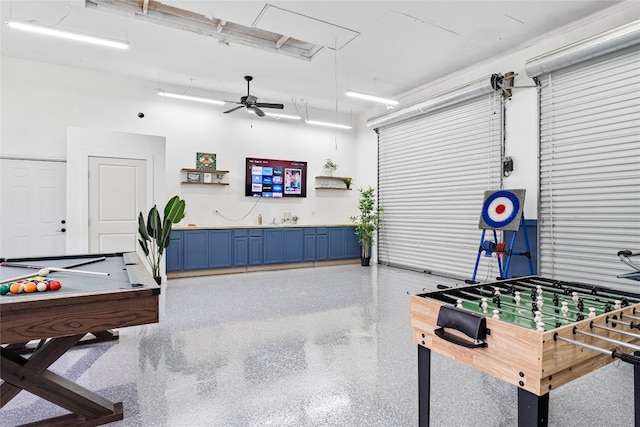 game room featuring pool table and ceiling fan