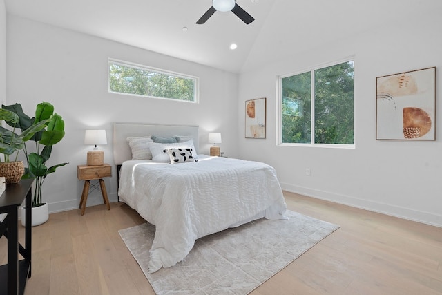 5511 William Holland Ave Unit 2, Austin, TX 78756 - bedroom with light wood-style floors, a ceiling fan, recessed lighting, and high vaulted ceiling