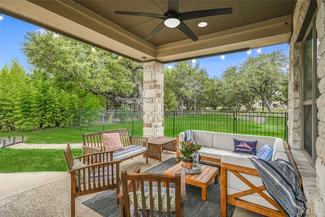 view of patio / terrace featuring ceiling fan and an outdoor hangout area