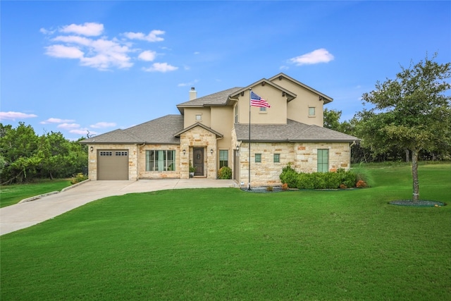 view of front facade with a chimney, an attached garage, stone siding, driveway, and a front lawn