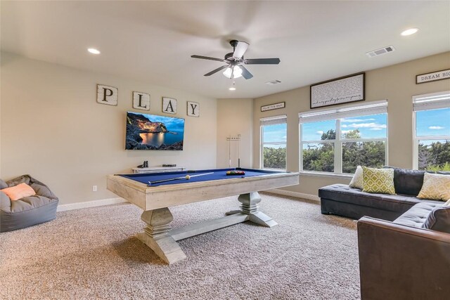 recreation room with ceiling fan, pool table, and carpet