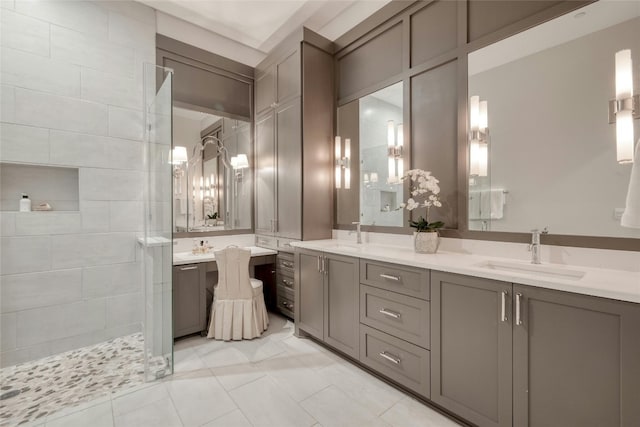 4209 Elevator Dr, Austin, TX 78731 - bathroom featuring double vanity, a walk in shower, and tile patterned flooring
