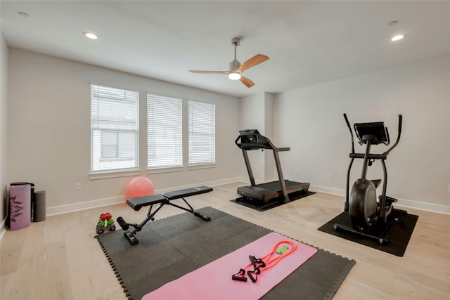 4209 Elevator Dr, Austin, TX 78731 - exercise room with a ceiling fan, wood finished floors, baseboards, and recessed lighting