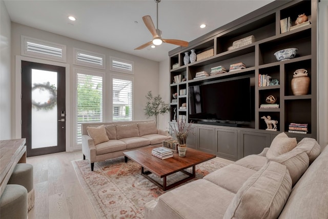 4209 Elevator Dr, Austin, TX 78731 - living room featuring light wood-style floors, a ceiling fan, and recessed lighting
