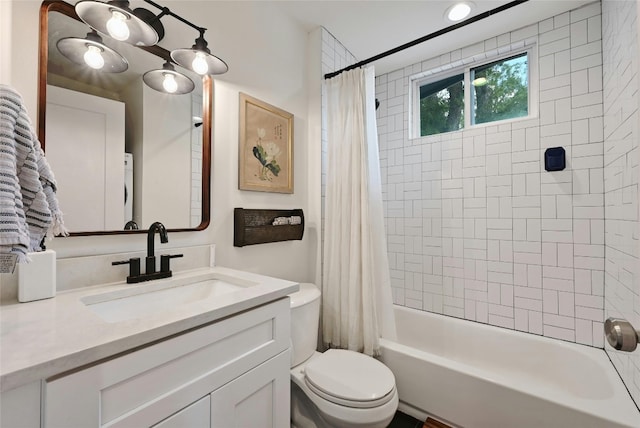 full bathroom with vanity, toilet, and shower / bath combo with shower curtain