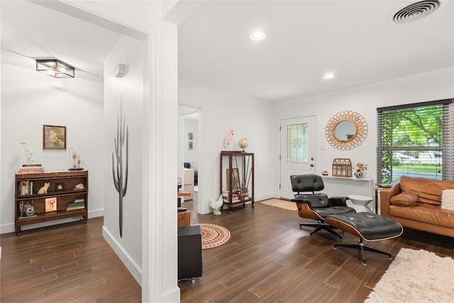 living area featuring dark wood-type flooring