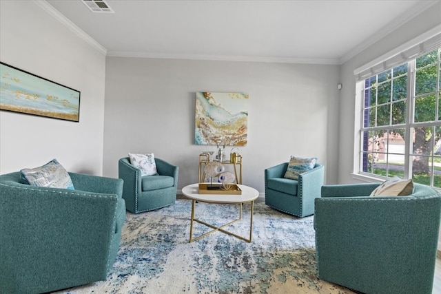 carpeted living room with crown molding