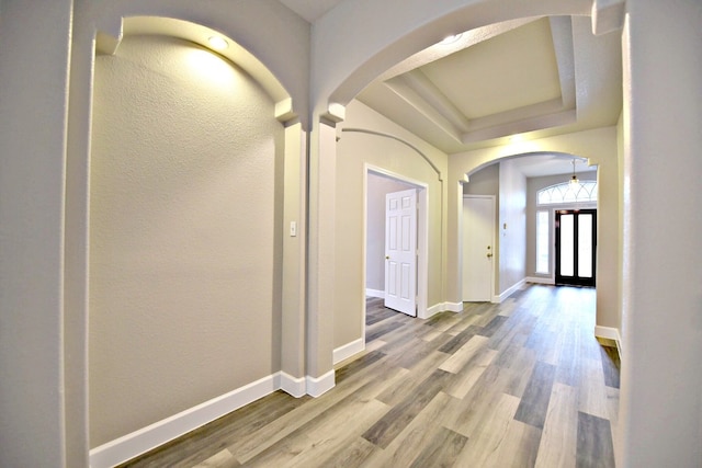 hallway featuring a tray ceiling and hardwood / wood-style flooring