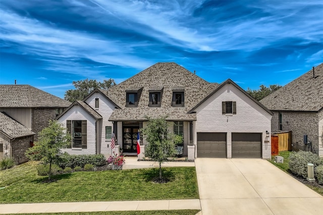 french country home with a garage and a front yard