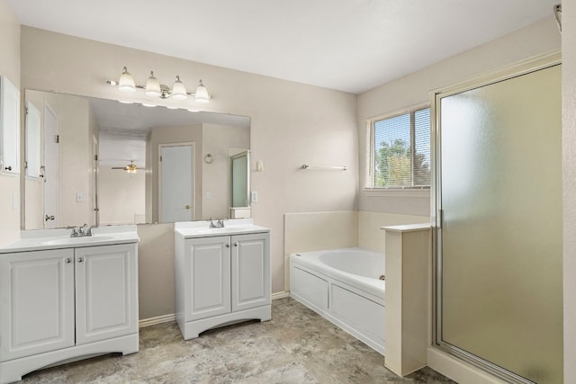 bathroom with vanity, independent shower and bath, and ceiling fan