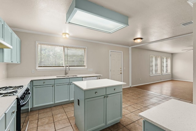 kitchen with a kitchen island, plenty of natural light, ornamental molding, and sink