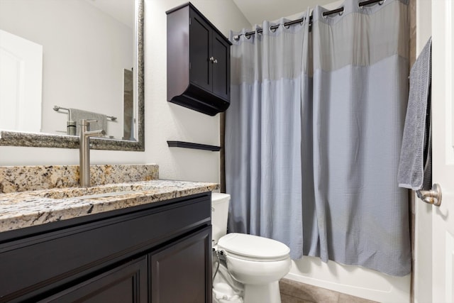 full bathroom with tile patterned flooring, vanity, toilet, and shower / bath combination with curtain