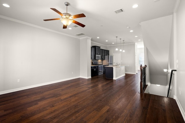 unfurnished living room with crown molding, ceiling fan, dark hardwood / wood-style floors, and sink