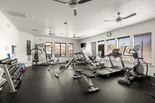 gym with a healthy amount of sunlight and ceiling fan