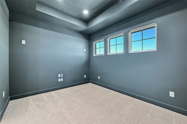 carpeted spare room featuring a tray ceiling