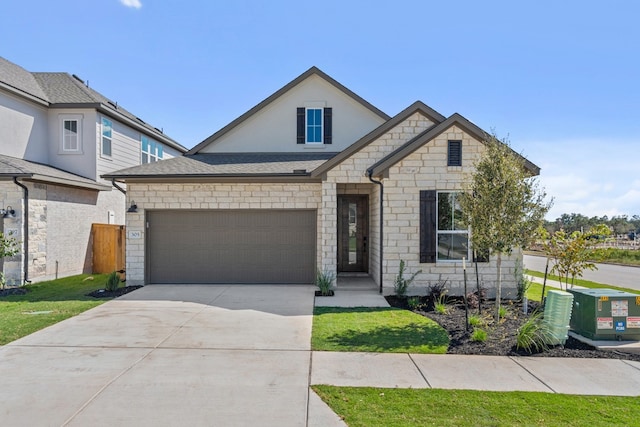 view of front of house with a front lawn, a garage, and central AC