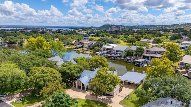 drone / aerial view with a water view